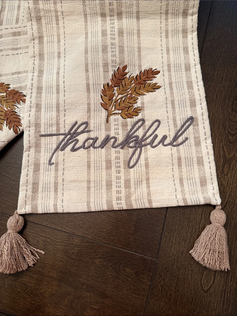 Thankful Beige Plaid Table Runner with Tassels
